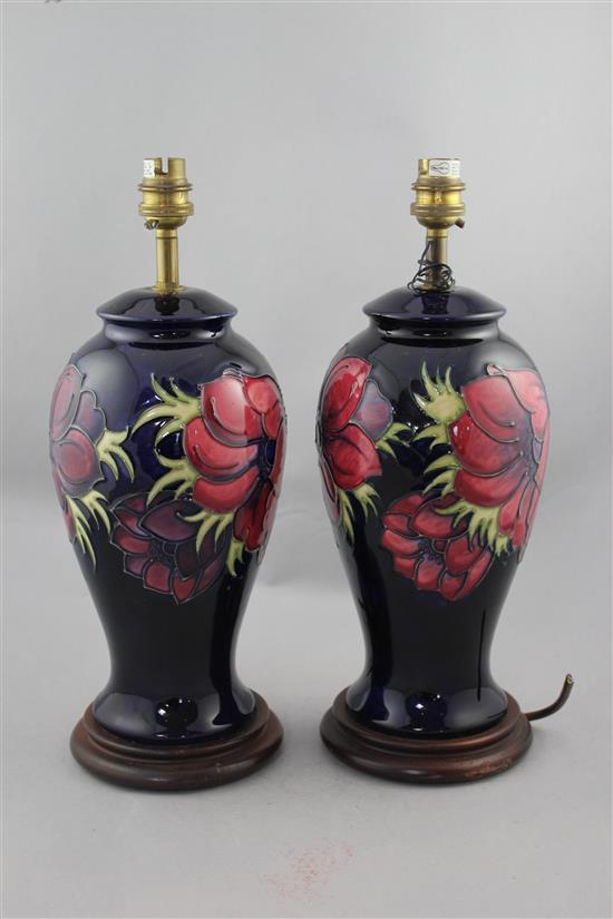 A pair of Moorcroft Anemone pattern lamp bases, late 20th century, 36.5cm. incl. metal fittings